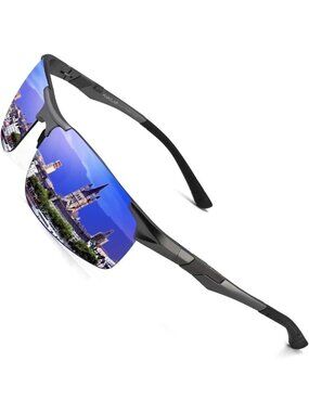 Mens Blue Mirrored Lens Al-Mg Metal Frame Polarized Cycling Fishing Golf Goggles